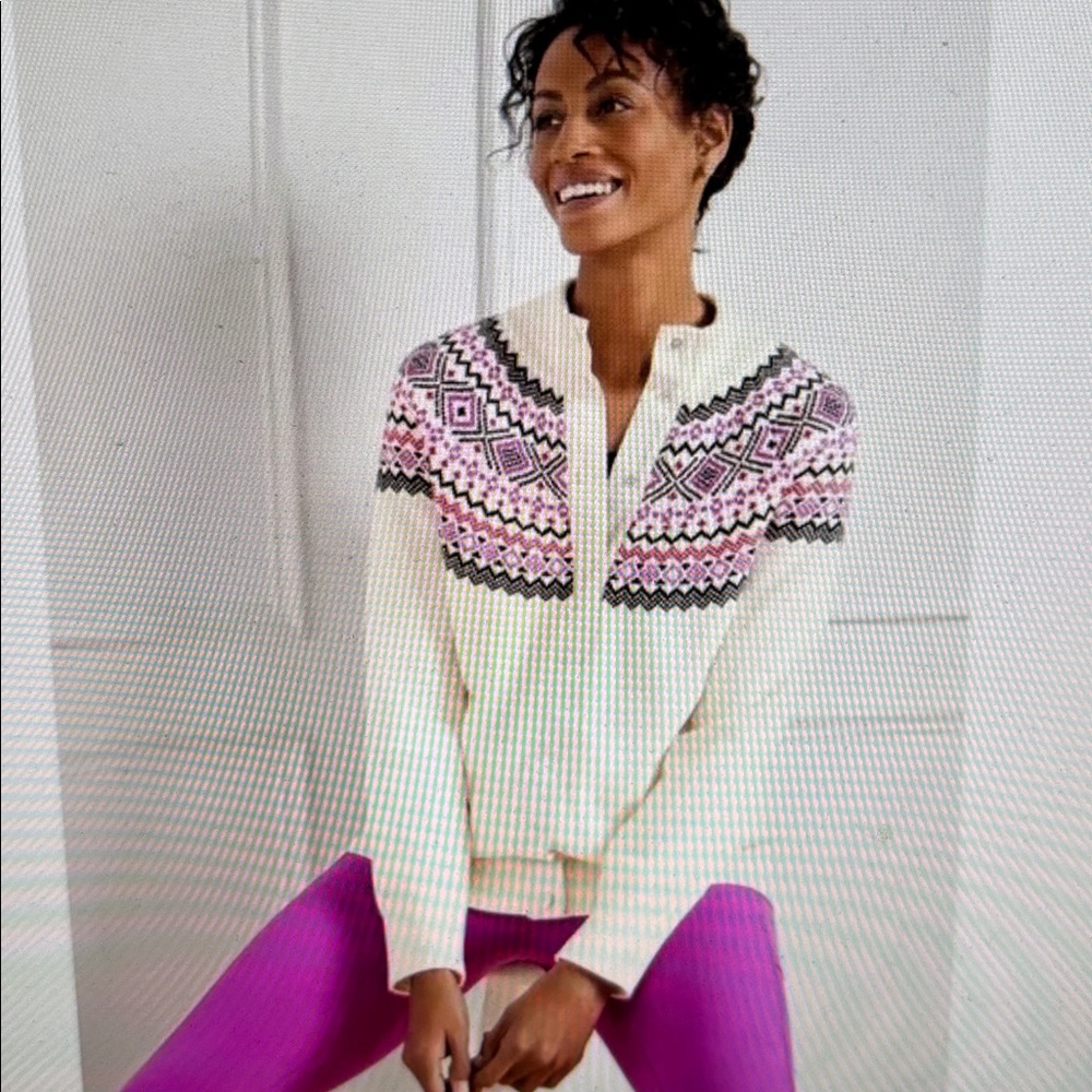 T Talbots Fair Isle Mock Neck Cream Snap Front Cardigan Sweater Size 3X